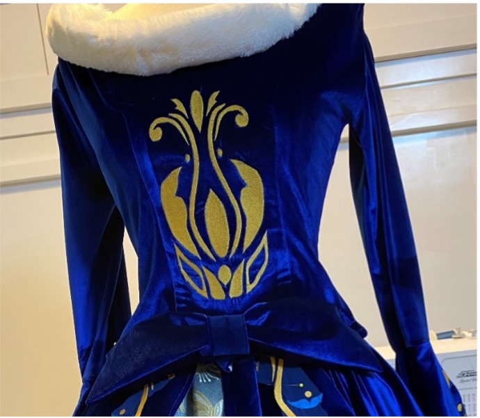photo of the front of the bodice on the dress form.